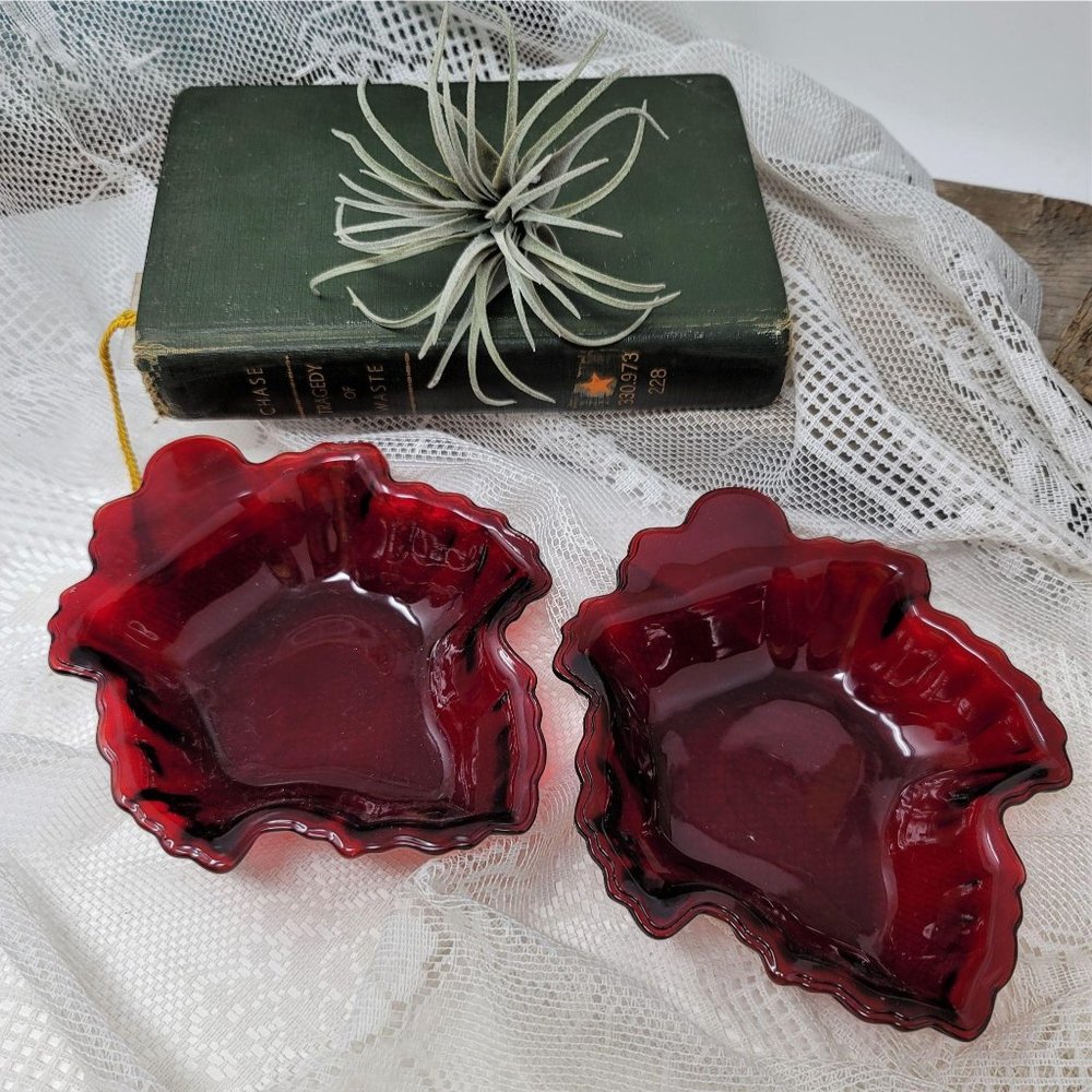 Anchor Hocking Ruby Red Glass Maple Leaf CandyDish